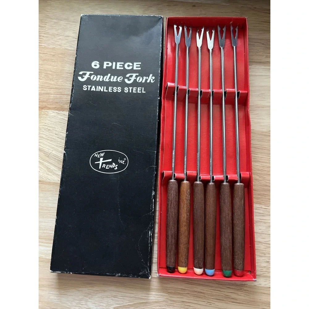 Vintage Retro Mid Century Modern Fondue Forks Set of Six Teak Handles-In Box